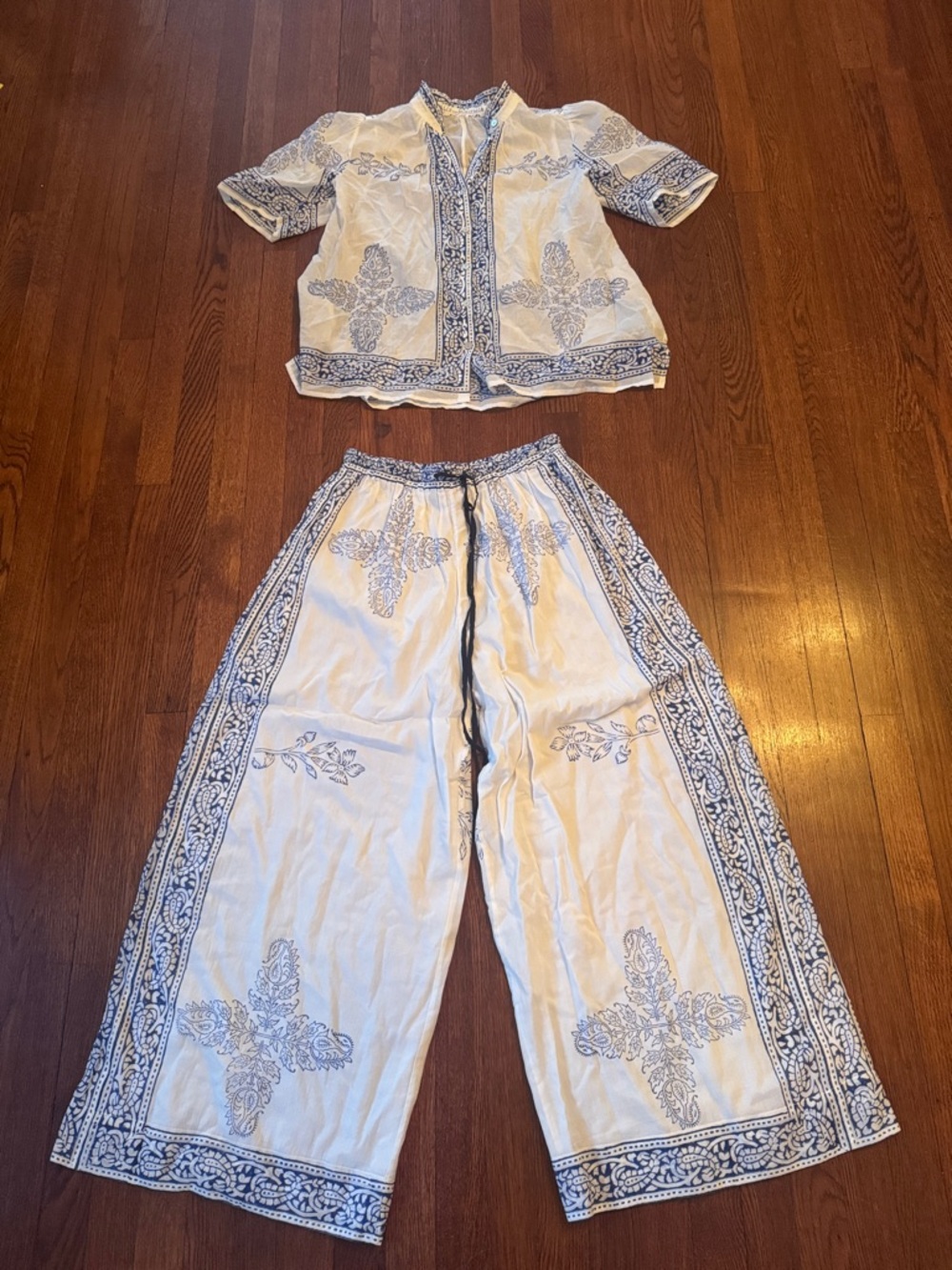 Alix Of Bohemia Light Blue & White Printed Wide-Leg Pants and blouse set